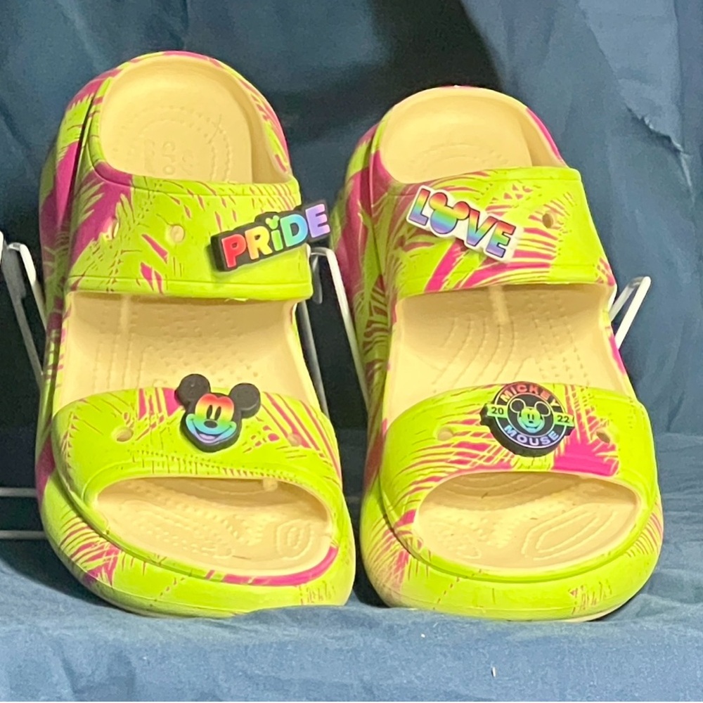 Women’s CROCS Neon Green and Pink - Pride Love Sandals with Disney/Pride Jibbies